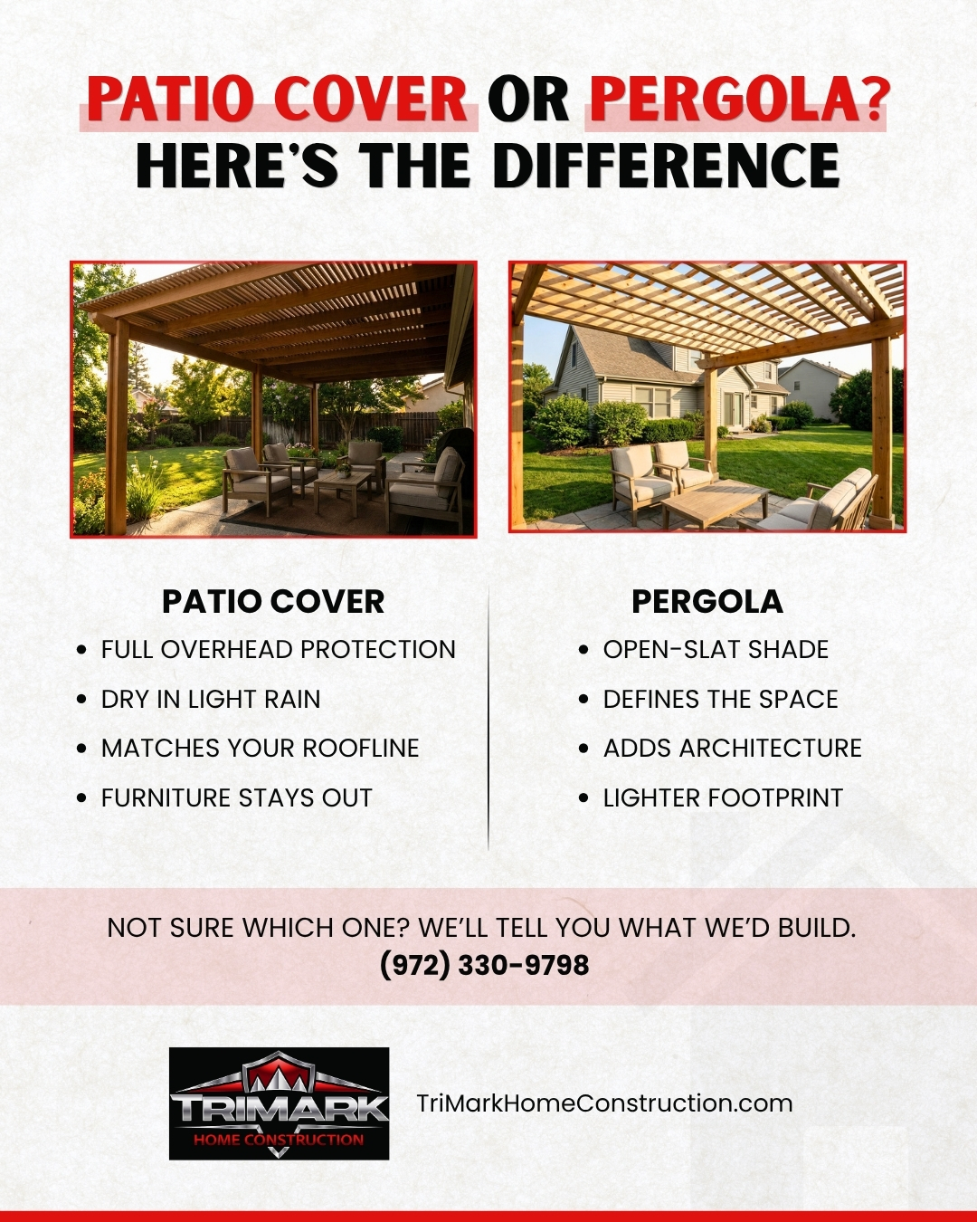 Patio cover and pergola compared side by side